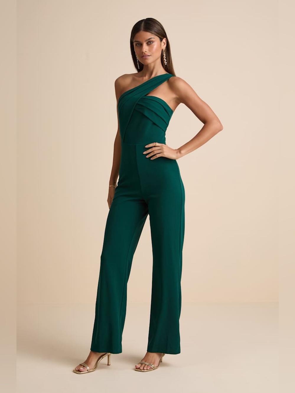 NWT Lulus Devoted to Fun Hunter Green One-Shoulder Sleeveless Jumpsuit Large